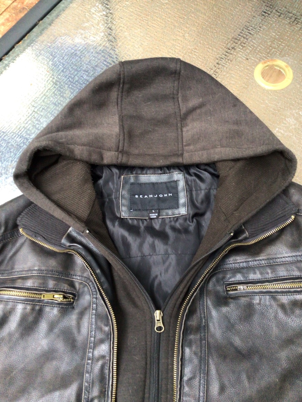 Sean John Black Faux Leather Hooded Bomber Jacket